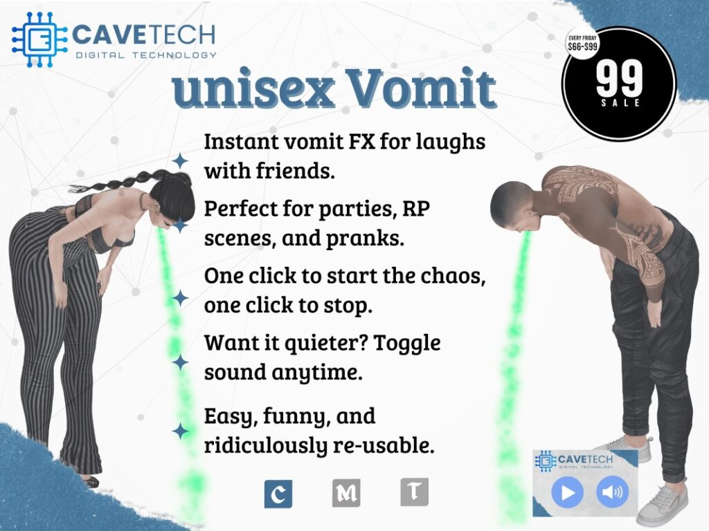 Unisex Vomit Accessory	<a href="http://maps.secondlife.com/secondlife/Bekkers/85/98/1505" target="_blank">Teleport</a>