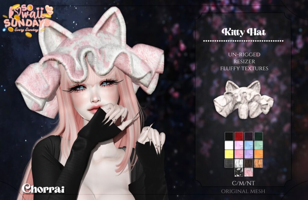 Kitty Hat	<a href="http://maps.secondlife.com/secondlife/Blume/162/95/3757" target="_blank">Teleport</a>