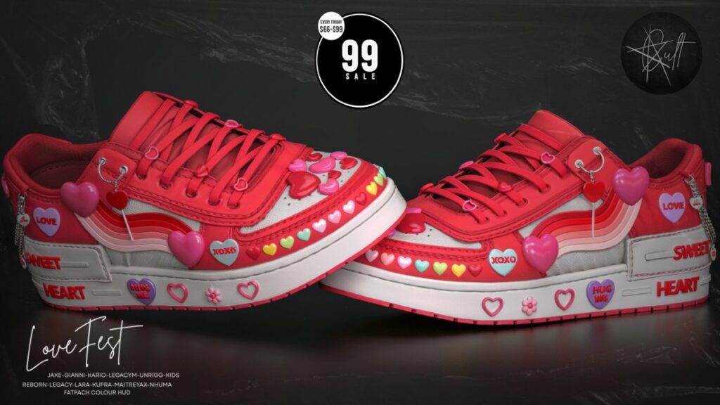 Lovefest Sneakers - See Ad For Fits	<a href="http://maps.secondlife.com/secondlife/Cult%20Coven/210/58/32" target="_blank">Teleport</a>