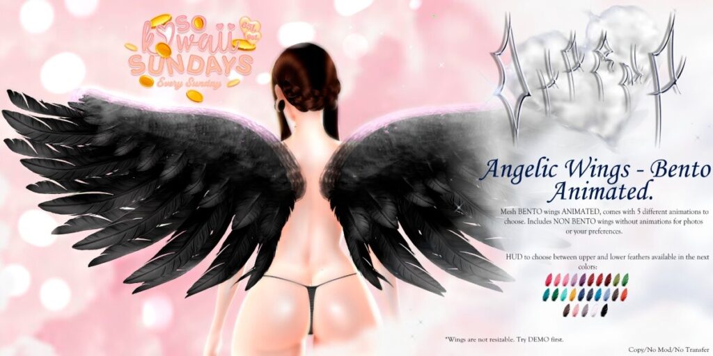 Angelic Wings 	<a href="http://maps.secondlife.com/secondlife/Ancient%20Sanctuary/62/218/1704" target="_blank">Teleport</a>
