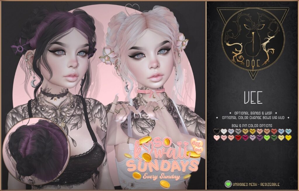 Vee Hairstyle	<a href="https://maps.secondlife.com/secondlife/ploom/196/75/23" target="_blank">Teleport</a>