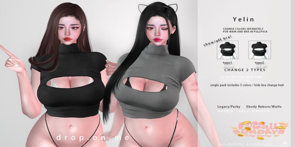 Yelin Top - Legacy/Reborn/+mods	<a href="http://maps.secondlife.com/secondlife/The%20Sign%20III/214/32/22" target="_blank">Teleport</a>
