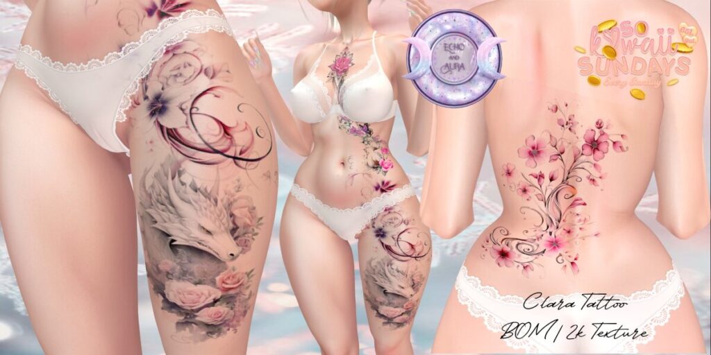 Clara Tattoo - BOM	<a href="http://maps.secondlife.com/secondlife/Azura/195/62/1982" target="_blank">Teleport</a>