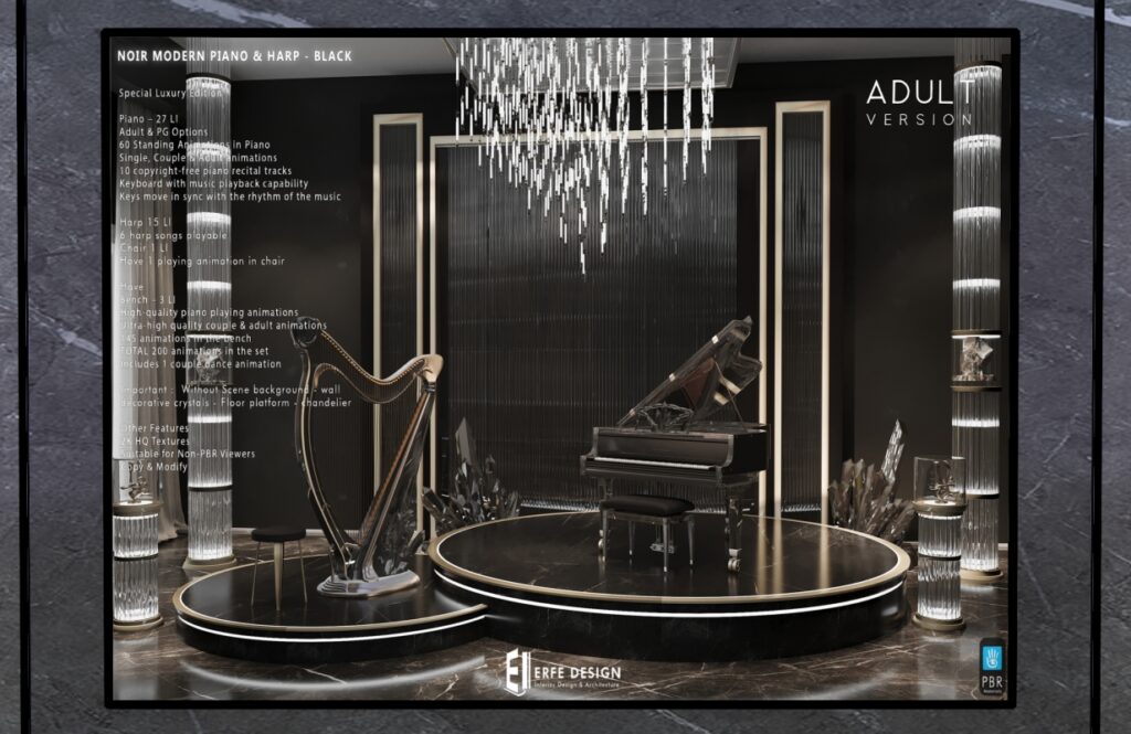 Noir Modern Piano &amp; Harp Decor, L$290-L$1690 each/L$3690-L$4290 each FP