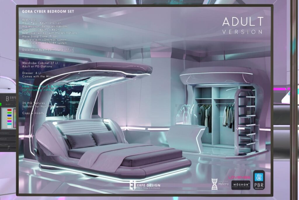 Gora Cyber Bedreoom Set, L$490-L$1490 each/L$2890-L$3490 each FP
