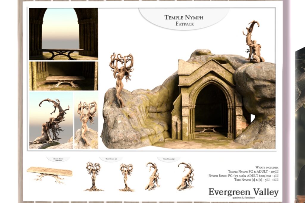 Temple Nymph Landscaping &amp; Decor, L$199-L$999 each/L$1499 FP