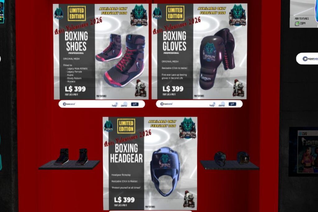 Boxing Shoes - See Ad for Fits, L$399 | Boxing Gloves, L$399 | Boxing Headgear, L$399