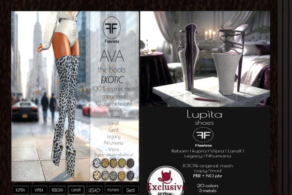 Ava Exotic Boots - GenX/Inithium/Legacy/MaitreyaX/Nhumana/Reborn/+mods, L$599 each/L$1499 FP | Lupita Shoes - Inithium/Legacy/MaitreyaX/Reborn/+mods, L$499 each/L$1299 FP