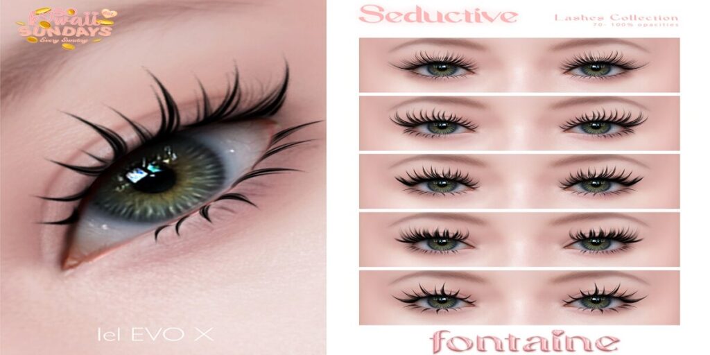 Seductive Lashes - EvoX	<a href="https://maps.secondlife.com/secondlife/VELOUR/66/140/83" target="_blank">Teleport</a>