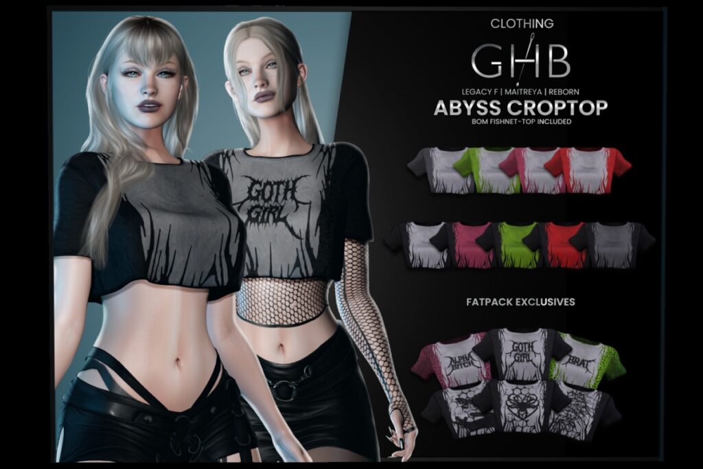 Abyss Crop Top - Legacy/Maitreya/Reborn	<a href="http://maps.secondlife.com/secondlife/Filhomes/28/191/3531" target="_blank">Teleport</a>