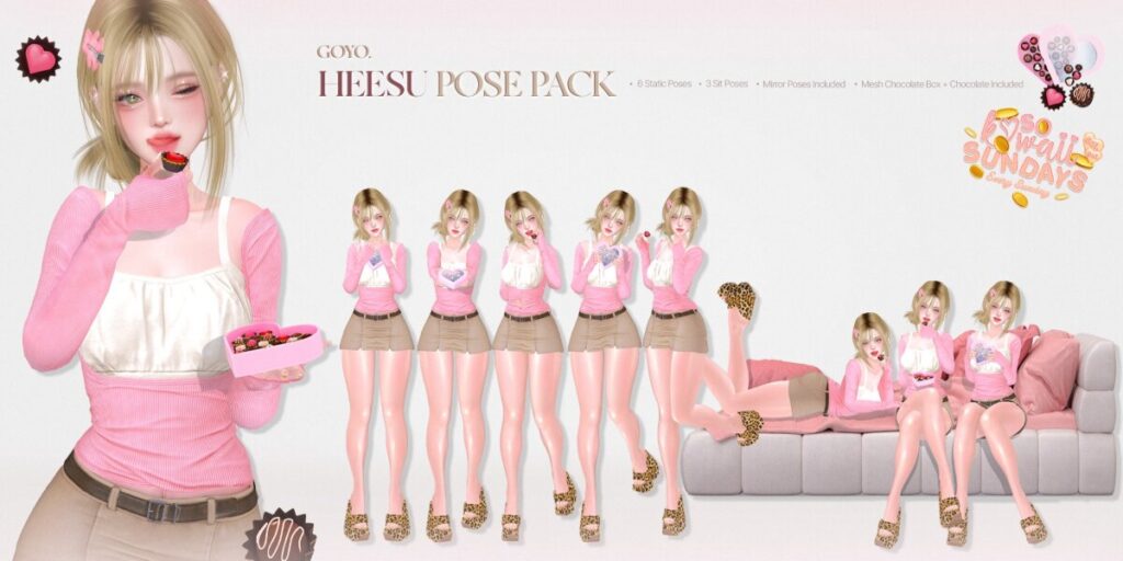 Heesu Poses &amp; Props	<a href="http://maps.secondlife.com/secondlife/Dear/19/131/753" target="_blank">Teleport</a>