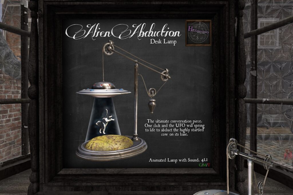 Alien Abduction Lamp	<a href="http://maps.secondlife.com/secondlife/Old%20Salem/65/157/26" target="_blank">Teleport</a>
