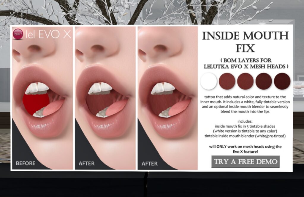 Inside Mouth Fix - EvoX	<a href="http://maps.secondlife.com/secondlife/Izzies/115/125/31" target="_blank">Teleport</a>