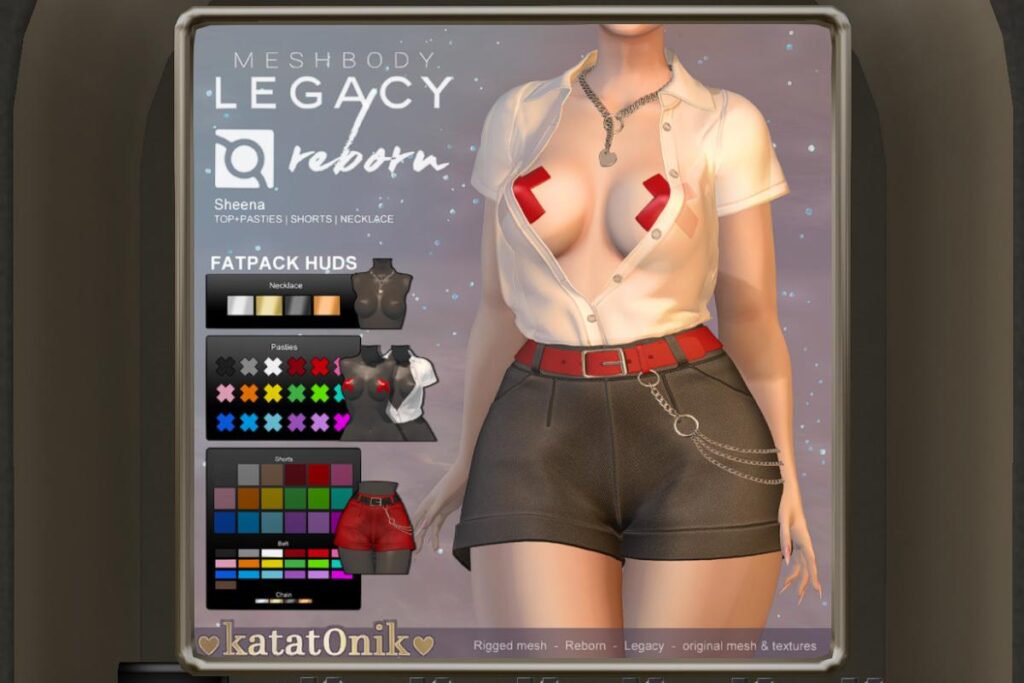 Sheens Top &amp; Pasties, Shorts, and Necklace - Legacy/Reborn, L$250-L$300 each/L$450-L$1500 each FP