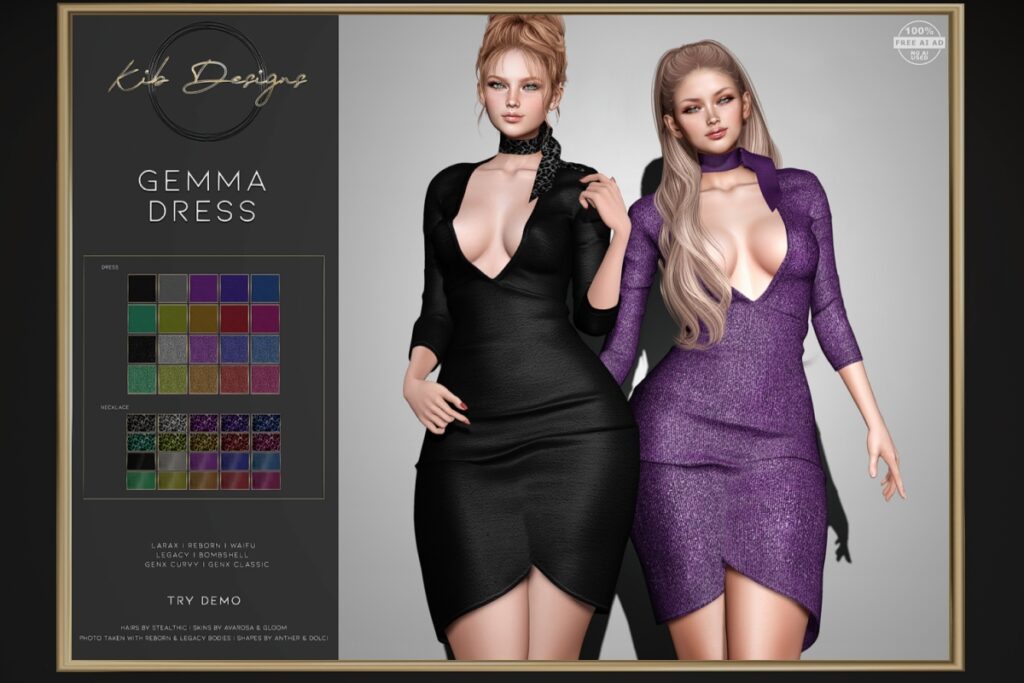 Gemma Dress - GenX/Legacy/MaitreyaX/Reborn/+mods, L$99 each/L$899 FP