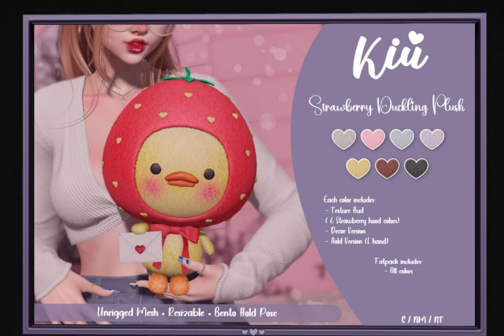 Strawberry Duckling Plush Holdable, L$199 each/L$840 FP