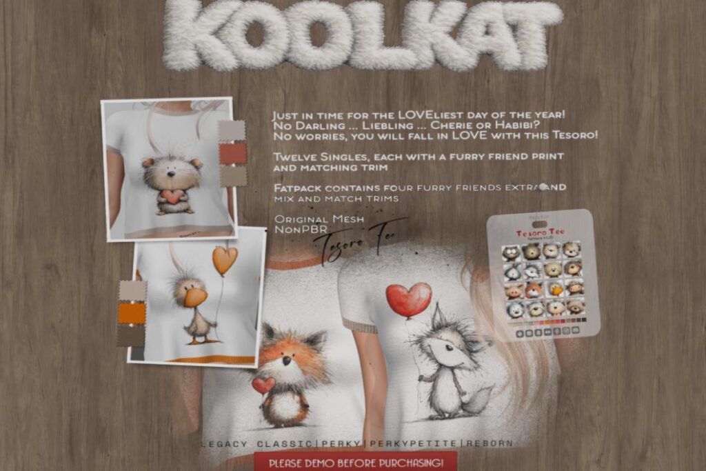 Tesoro Tee - Legacy/Reborn/+mods, L$250 each/L$980 FP