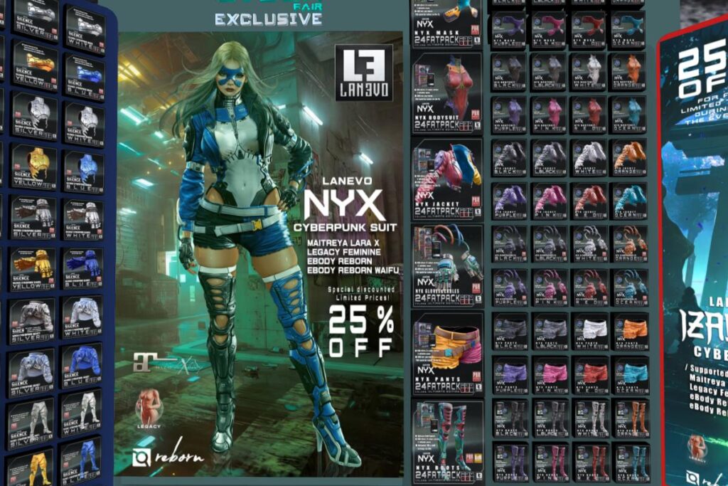 Nyx Cyberpunk Mask, Bodysuit, Jacket, Gloves, Shorts and Boots - Legacy/MaitreyaX/Reborn/+mods, L$135-L$285 each/L$377-L$885 each FP