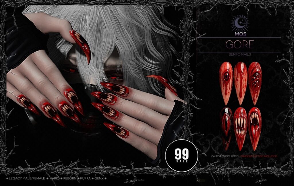 M05 Gore Nails - GenX/Inithium/Kario/Legacy F+M/Reborn	<a href="http://maps.secondlife.com/secondlife/Flamingo%20District/208/76/2203" target="_blank">Teleport</a>