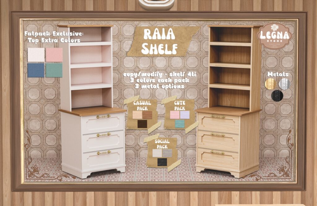 Raia Shelf, L$349 each/L$899 FP