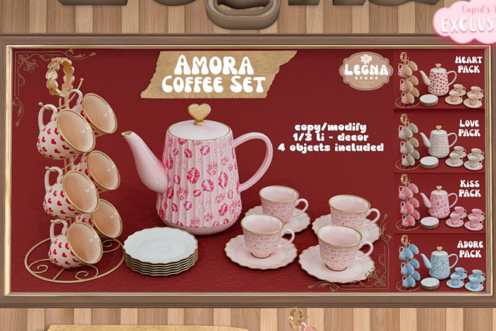 Amora Coffee Set, L$349 each/L$899 FP
