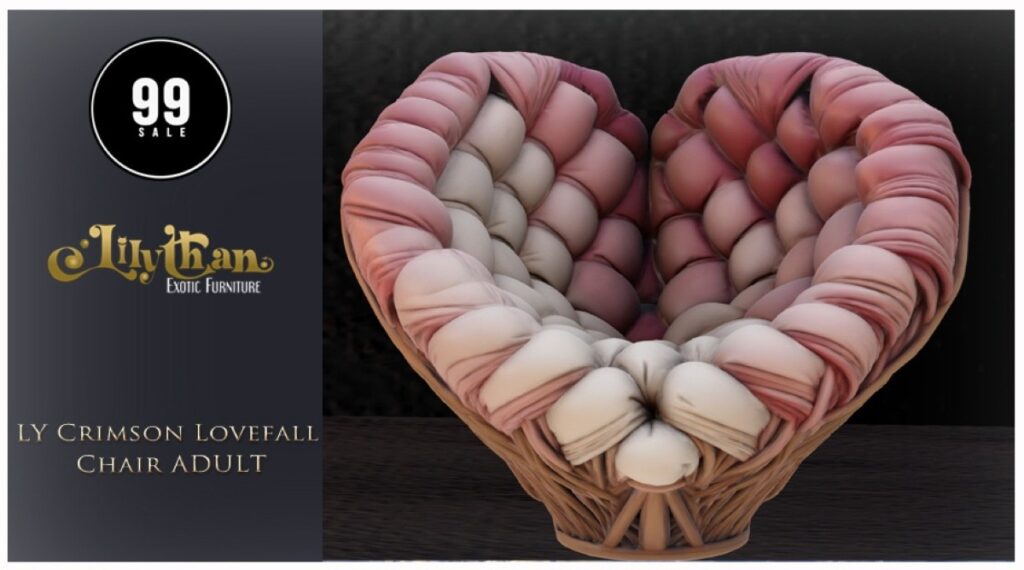 Crimson Lovefall Chair	<a href="http://maps.secondlife.com/secondlife/Moonwall/23/217/32" target="_blank">Teleport</a>
