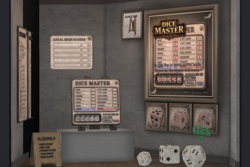 Dice Master, L$100-L$520 each
