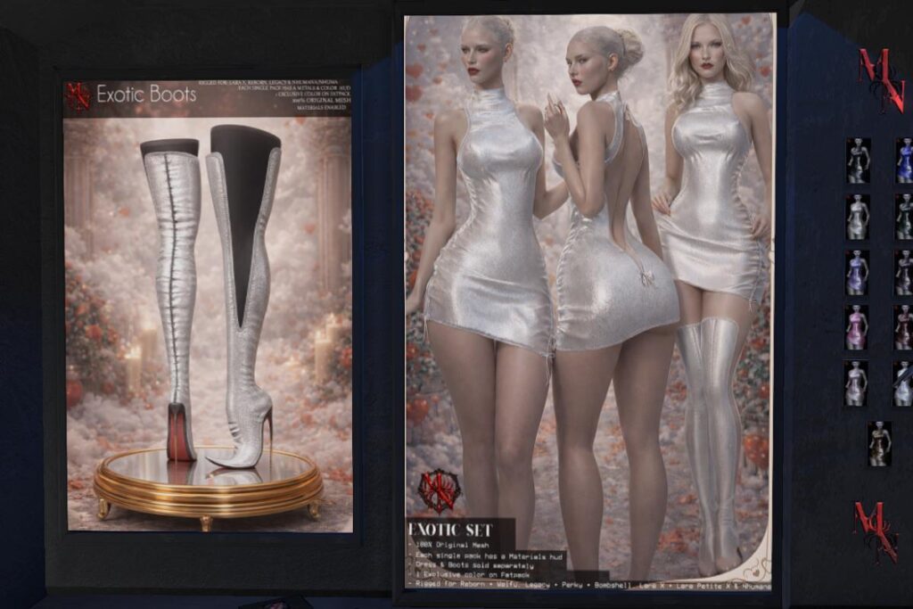 Exotic Dress and Boots - Legacy/MaitreyaX/Nhumana/Reborn/+mods, L$320-L$350 each/L$1990-L$2050 each FP