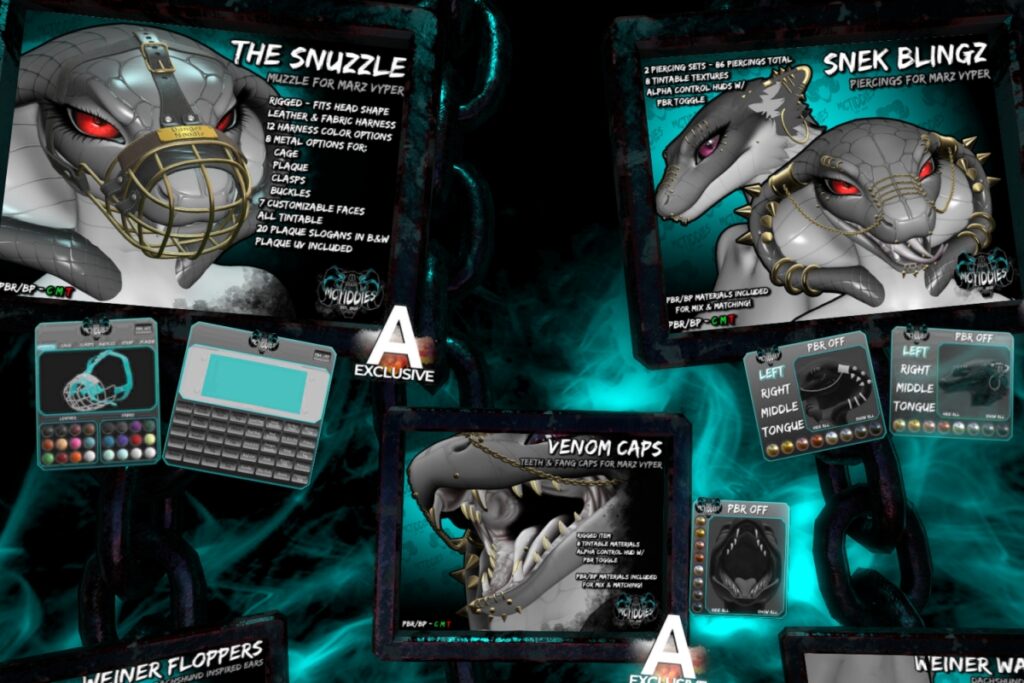 The Snuzzle, Snek Blingz, Venom Caps -  Marz Vyper, L$350-L$750 each