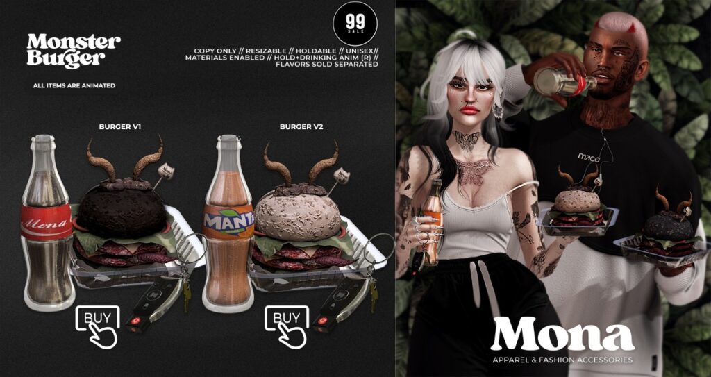 Monster Burger Holdable Accessories	<a href="https://maps.secondlife.com/secondlife/Cherokee%20Springs/106/40/1002" target="_blank">Teleport</a>