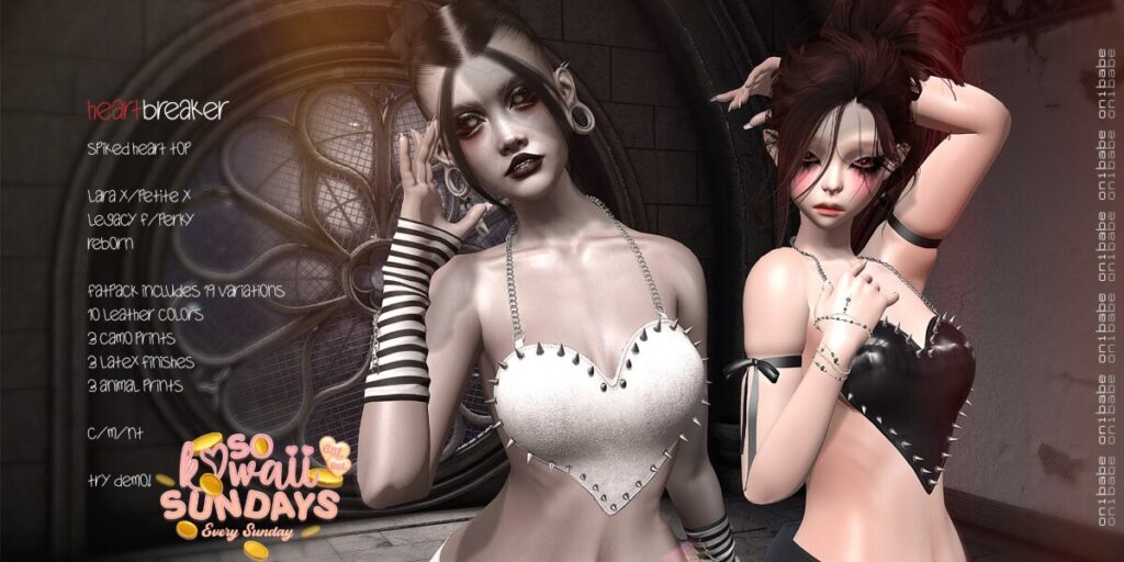 Heartbreaker Top - Legacy/MaitreyaX/Reborn/+mods	<a href="https://maps.secondlife.com/secondlife/Demon/239/92/25" target="_blank">Teleport</a>