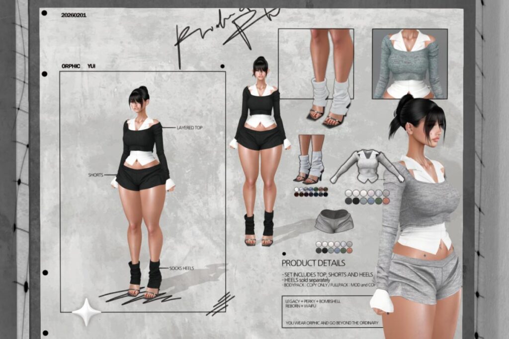 Yui Top &amp; Shorts &amp; Heels - Legacy/Reborn/+mods, L$399-L$599 each/L$599-L$1499 each FP