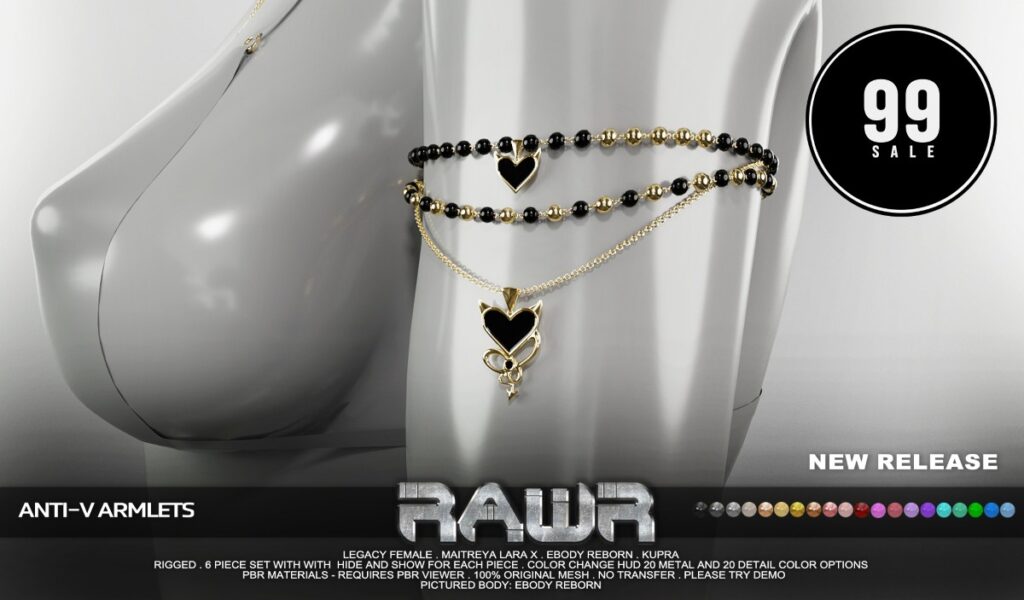 Anti-V Armlets - Inithium/Legacy/MaitreyaX/Reborn	<a href="http://maps.secondlife.com/secondlife/RAWR/62/141/21" target="_blank">Teleport</a>