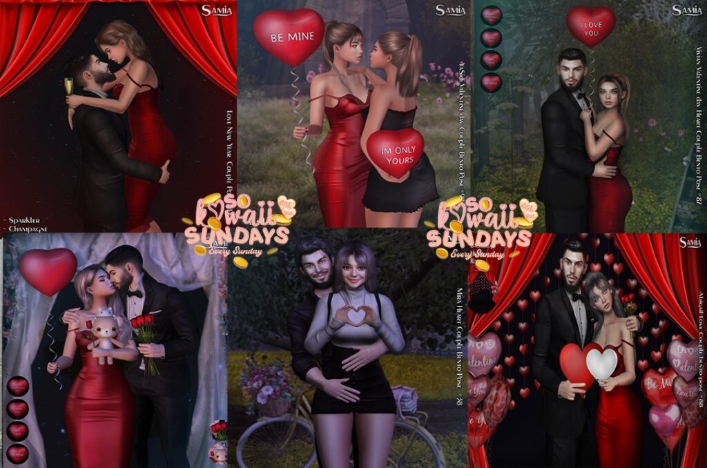 Various Couple Poses	<a href="http://maps.secondlife.com/secondlife/District%20Blue/210/106/3006" target="_blank">Teleport</a>