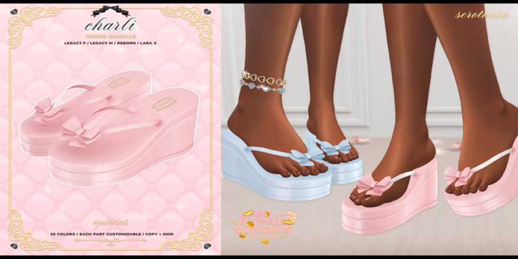 Charli Sandals - Legacy M+F/MaitreyaX/Reborn	<a href="http://maps.secondlife.com/secondlife/Starry%20Isles/34/77/2240" target="_blank">Teleport</a>