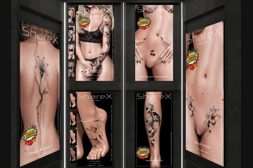 Petals &amp; Secrets Back Tattoo - BOM, L$200 |  Ivory &amp; Ink Lower Sleeve Arms Tattoo - BOM, L$300 each/L$700 FP | Honeyed Temptation Pelvis Tattoo - BOM, L$200 | Nectar &amp; Noir Calf Tattoo - BOM, L$200 | Blush Noire Pelvis Tattoo - BOM, L$200