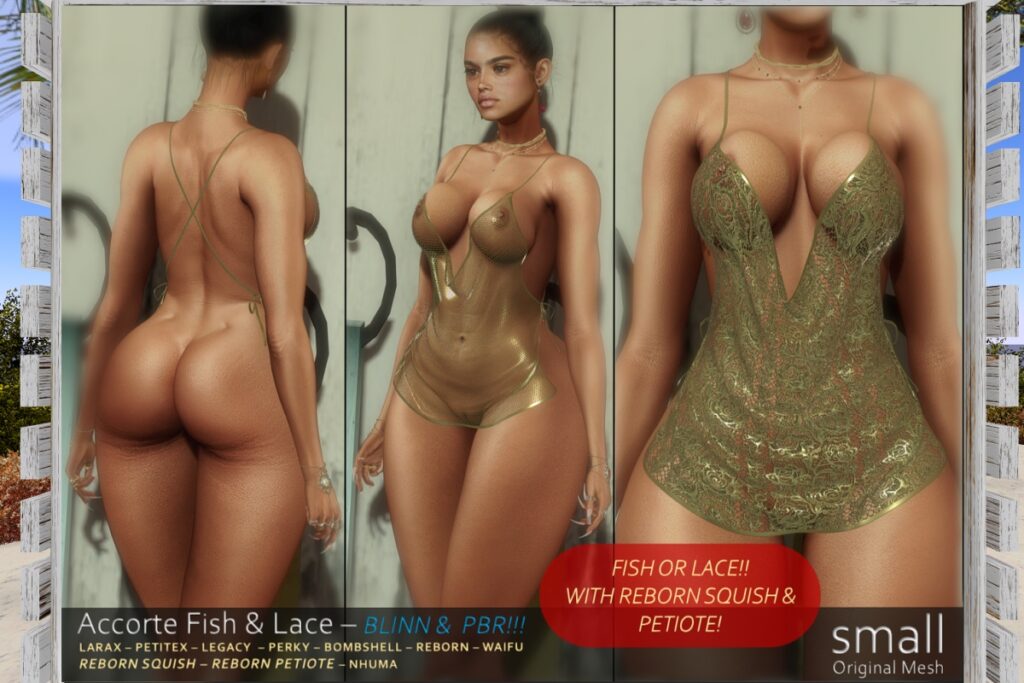 Accorte Fish &amp; Lace Dress - Legacy/MaitreyaX/Nhumana/Reborn/+mods, L$699 each/L$1999 FP