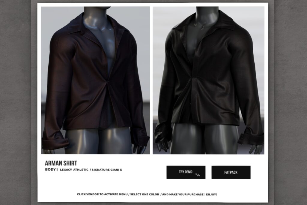 Arman Shirt - GianniX/Legacy/+mods, L$399 each/L$1999 FP