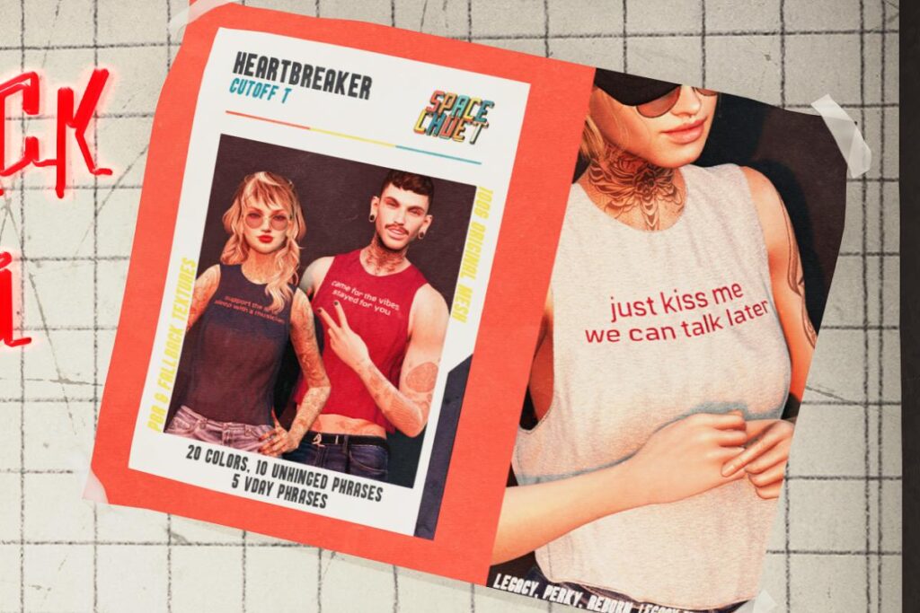 Heartbreaker Cutoff T-Shirt - Legacy F+M/Reborn/+mods, L$275 each/L$550 FP