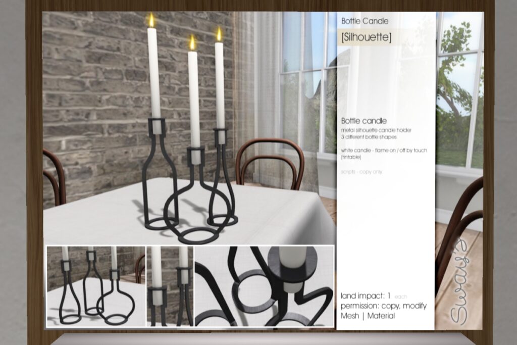 Silhouette Bottle Candle 	<a href="http://maps.secondlife.com/secondlife/SwayLand/125/125/27" target="_blank">Teleport</a>