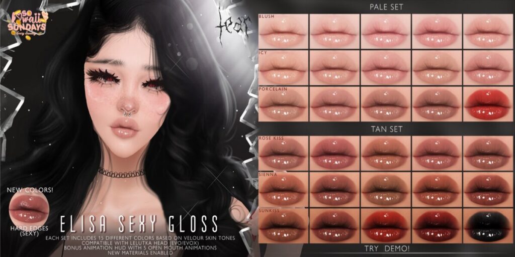 Elisa Sexy Gloss Lipstick - Evo/EvoX	<a href="http://maps.secondlife.com/secondlife/Hashira/150/190/3" target="_blank">Teleport</a>