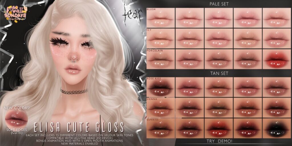Elisa Cute Gloss Lipstick - Evo/EvoX	<a href="http://maps.secondlife.com/secondlife/Hashira/150/190/3" target="_blank">Teleport</a>