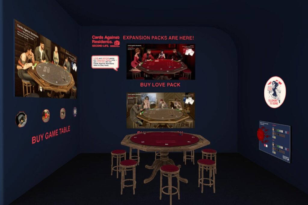 Cards Against Residents Game Table, L$2999 | Cards Against Residents Game Packs, L$699 each