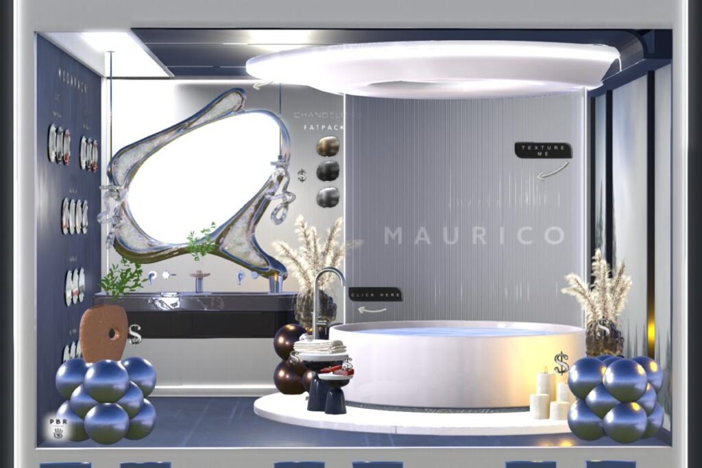 Maurico Bathtub, Maurico Mirror, Maurico Sink, Sphere Side Table, Adilo Vase &amp; Droplights, L$199-L$699 each