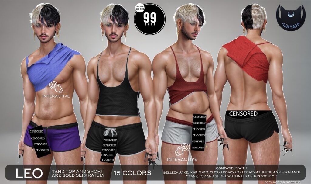 Leo Tank Top &amp; Shorts - Gianni/Jake/Kario/Legacy/+mods	<a href="http://maps.secondlife.com/secondlife/Magic%20Sky/194/96/2022" target="_blank">Teleport</a>