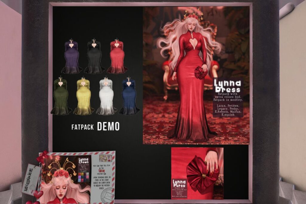 Lynna Dress - Legacy/MaitreyaX/Reborn/+mods, L$295 each/L$950 FP | Lynna Purse, L$199