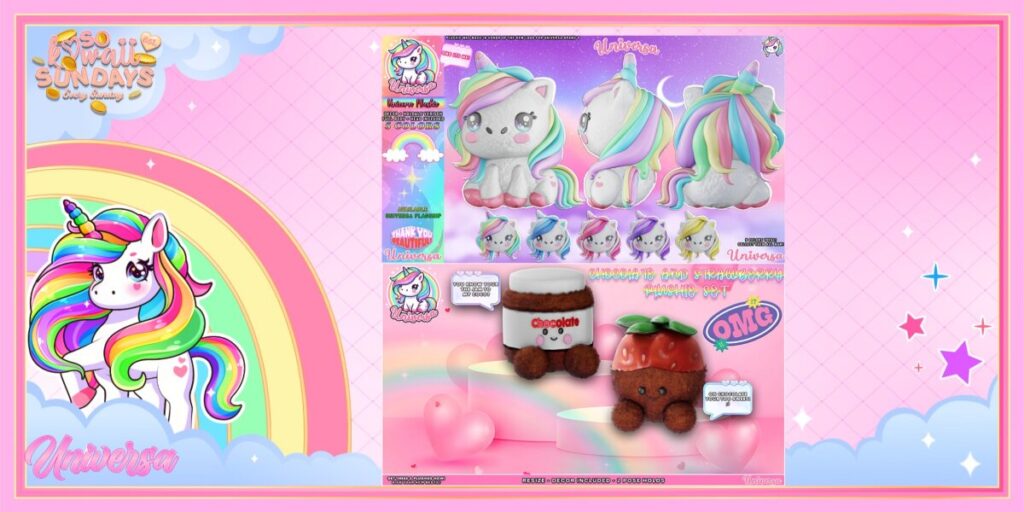 Unicorn Plushie Holdable &amp; Decor | Chocolate &amp; Strawberry Plushie Holdable &amp; Decor	<a href="http://maps.secondlife.com/secondlife/Universa/129/112/1201" target="_blank">Teleport</a>