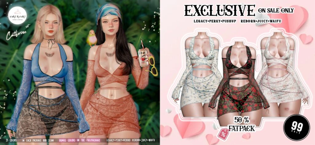 Catherine Set - Legacy/Reborn/+mods	<a href="http://maps.secondlife.com/secondlife/Wildflower%20Mountain/222/58/22" target="_blank">Teleport</a>