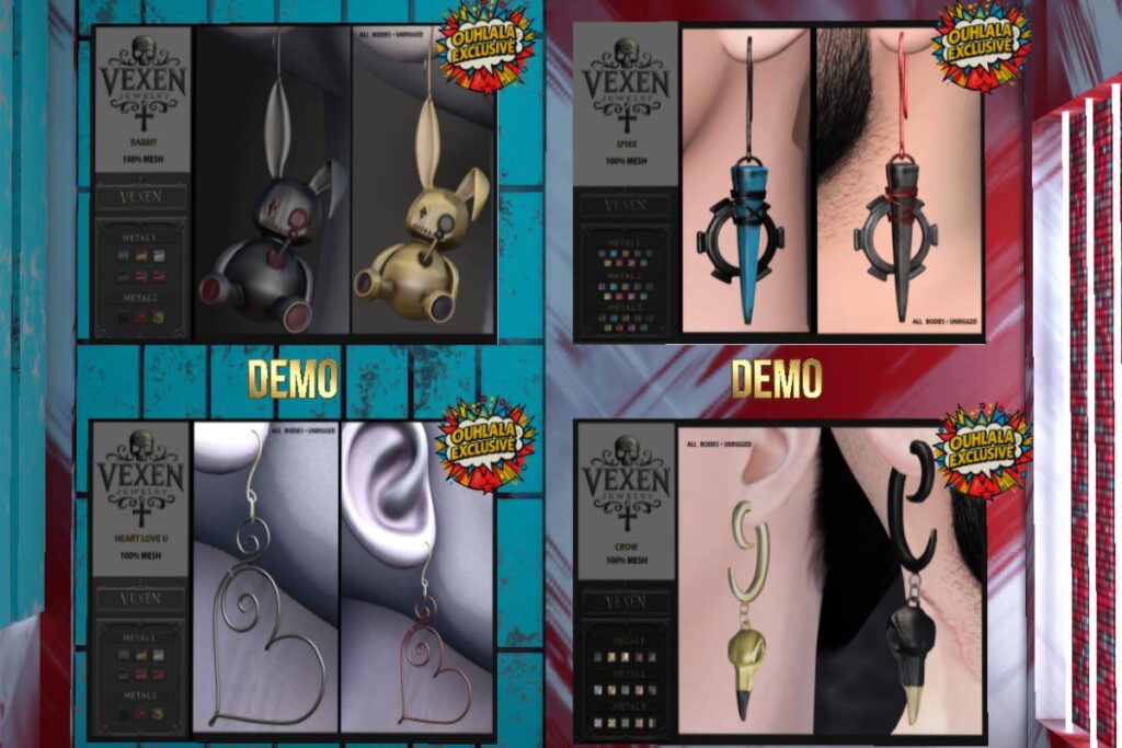 Rabbit, Spike, Heart Love U, and Crow Earrings, L$249-L$289 each