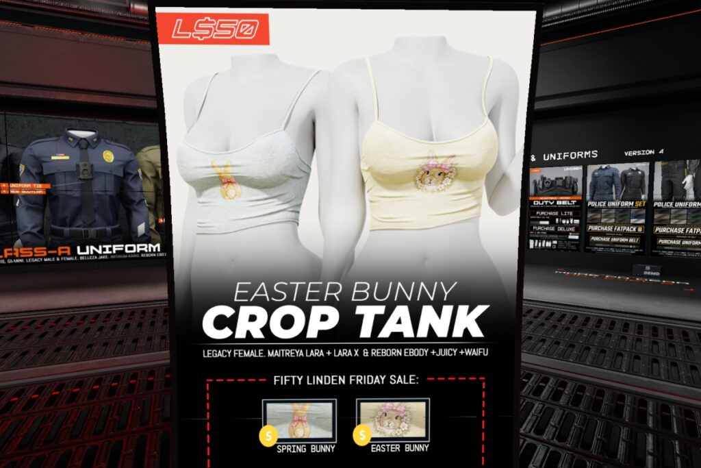 Easter Bunny Cropped Tank - Legacy/Maitreya/Reborn/+mods	<a href="http://maps.secondlife.com/secondlife/Classified/167/192/1002" target="_blank">Teleport</a>